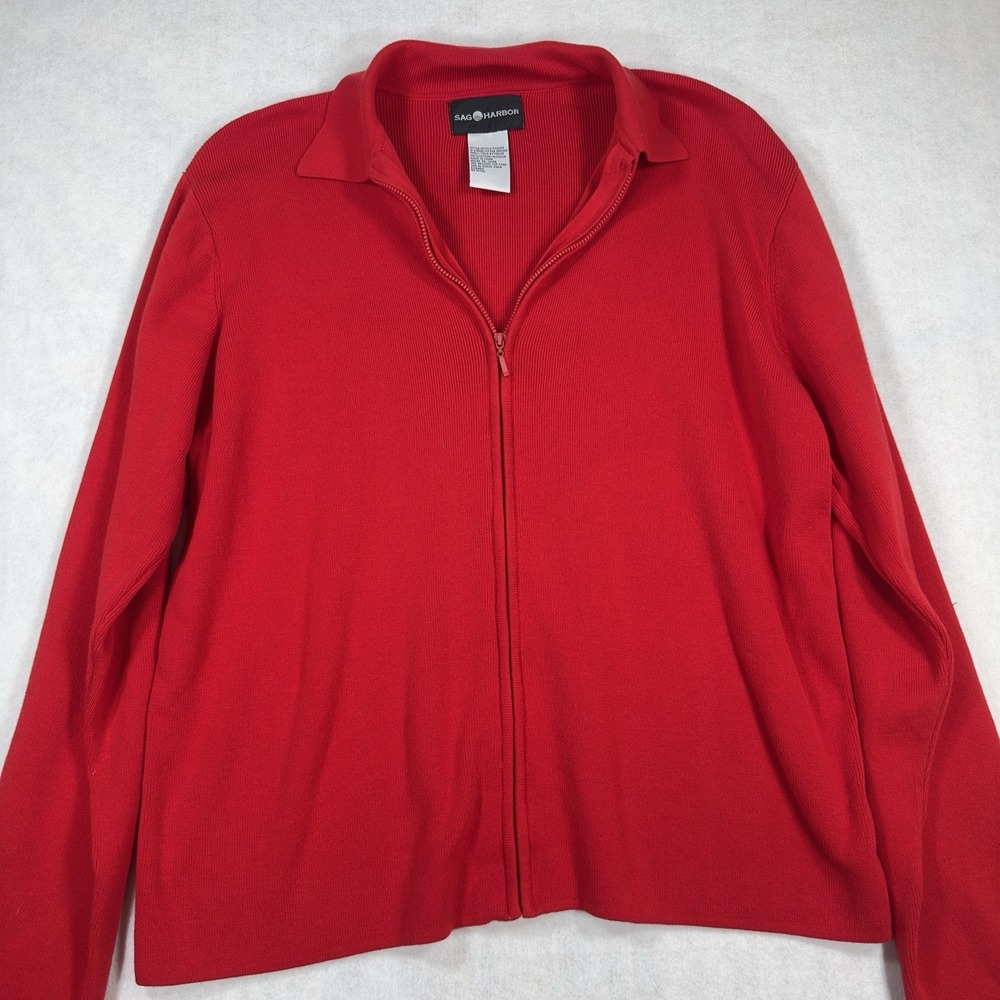 Sag Harbor Womens XL Red Full Zip Cardigan Sweater 100% Cotton Collared